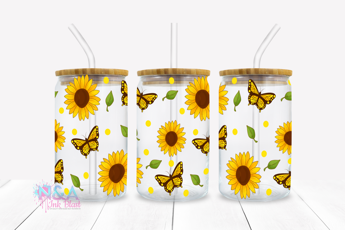 Sunflower & Butterflies 16 oz Glass Can Wrap